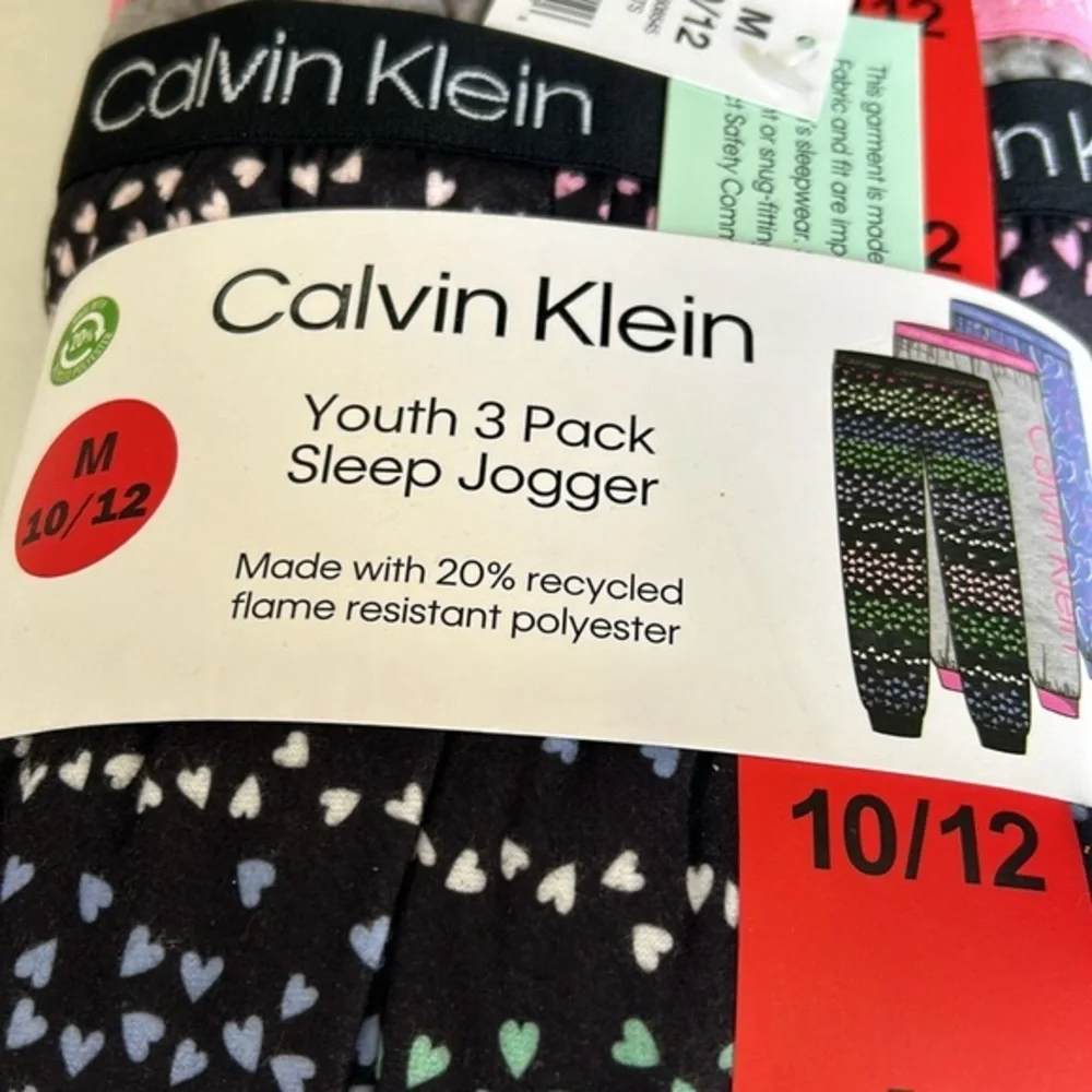 Calvin Klein Youth 3 Pack Sleep Jogger Hearts Pajama Pants Black Blue Grey 10/12